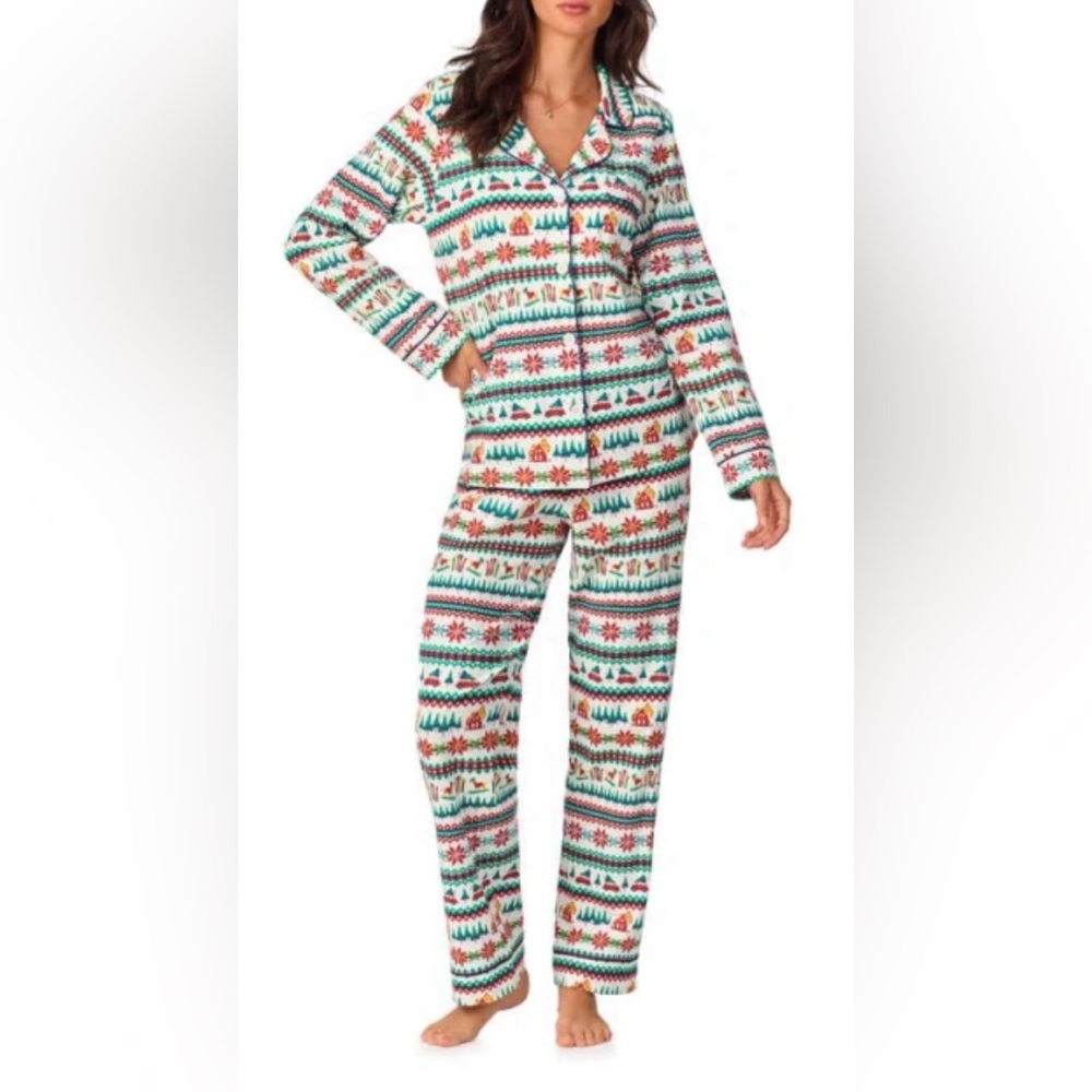 BedHead PJs Festive Fair isle Long Sleeve Pants Pajama set Button Down Size L
